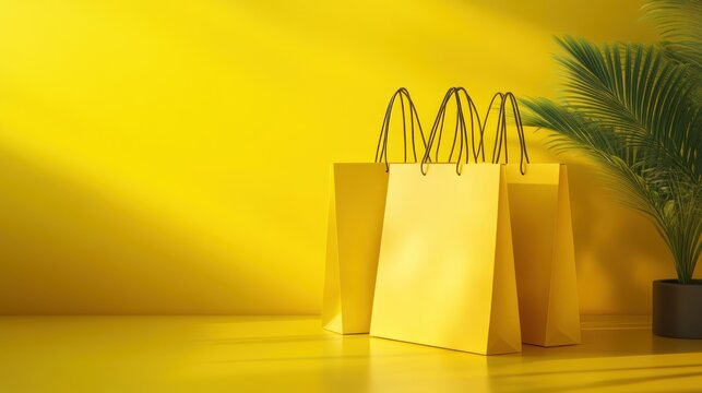 Yellow shopping bags on yellow background with plant - Powered by Adobe