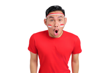 Shocked young Asian man celebrating Indonesian independence day looking at camera with open mouth isolated on transparent background