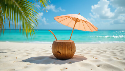 Coconut Cocktail on Beach with Turquoise Water and Palm Tree