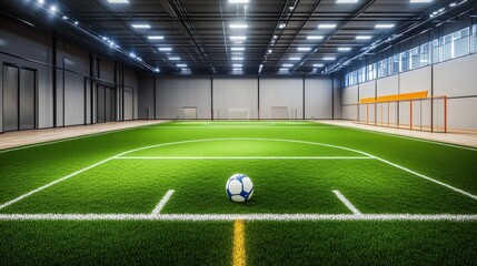 Obraz premium Indoor Soccer Field with Green Turf and a Ball Ready for a Game in a Modern Arena Space