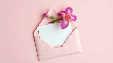 Pink Envelope with White Card and Purple Iris Flower on Pink Background, Mockup