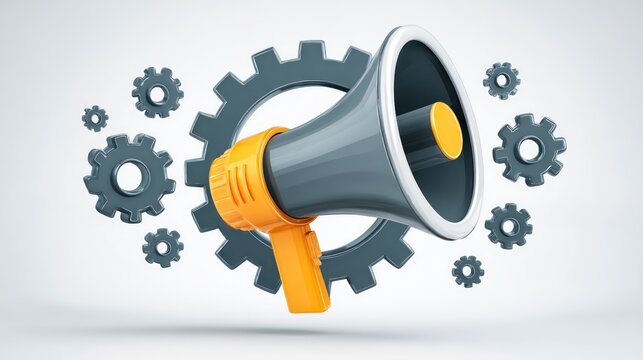 Megaphone and Gears Symbolizing Communication Technology and Efficiency in Business Processe