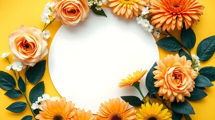 Fototapeta premium Cheerful Floral Circle: White Round Frame Surrounded by Orange and White Flowers with Green Leaves on a Bright Yellow Background, Mockup