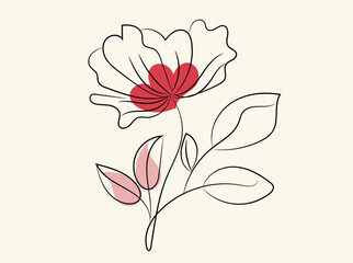 Elegant Minimalist Line Art Flower with Red Heart Center and Pink Leaves