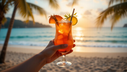 Orange Cocktail on Beach with Palm Trees at Sunset