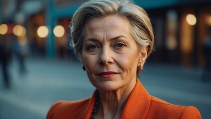 Mature woman wearing sophisticated clothes in a portrait.

