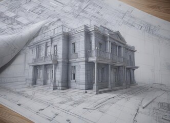 Architectural blueprint photo mockup, textured overlay,  technical,  illustration