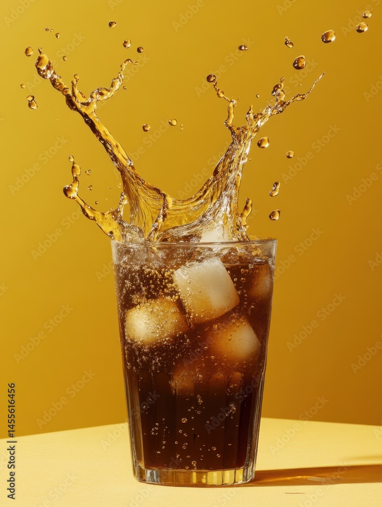 Poster refreshing cola drink with ice cubes and a splash against a vibrant yellow background image