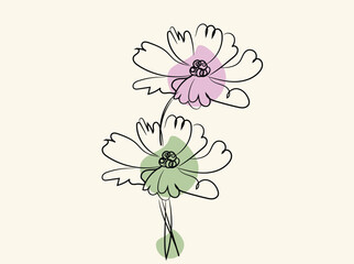 Elegant Line Art Flowers with Pastel Color Accents