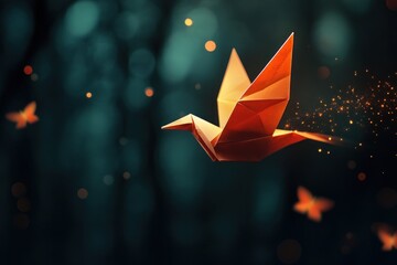 origami bird made of glowing paper, flying in dark background, revolutionary concept