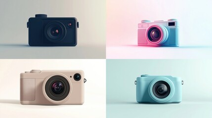 Four stylized cameras in various pastel colors, showcasing a modern design aesthetic
