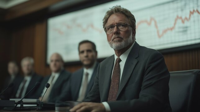Group of executives seated in a boardroom during a significant financial crash, showing concern and focus as they address the crisis unfolding in the market