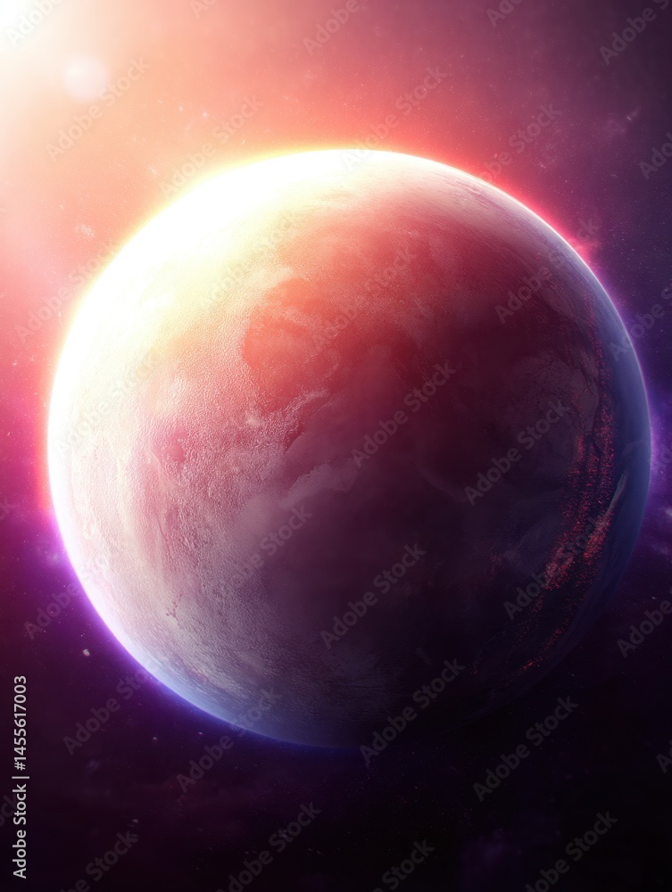 Poster ethereal cosmic planet with glowing atmosphere and soft light in a vast universe of stars