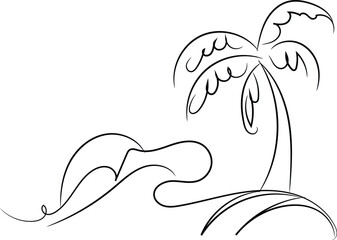 Single Line Drawing of Palm Tree and Ocean Wave on Island