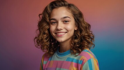Cheerful transgender teen girl glances sideways against a lively, colorful backdrop.

