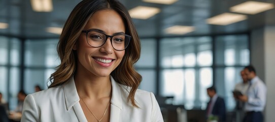 smiling, young, hispanic, professional, business, woman, glasses, using, tablet, office
