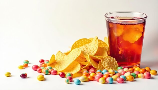 Pile of colorful candy, chips, and soda on white , fizzy, high calorie, bright