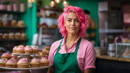 Proudly in front of their bakery, the non-binary owner with colorful pink and green hair showcases their creative and individual style.

