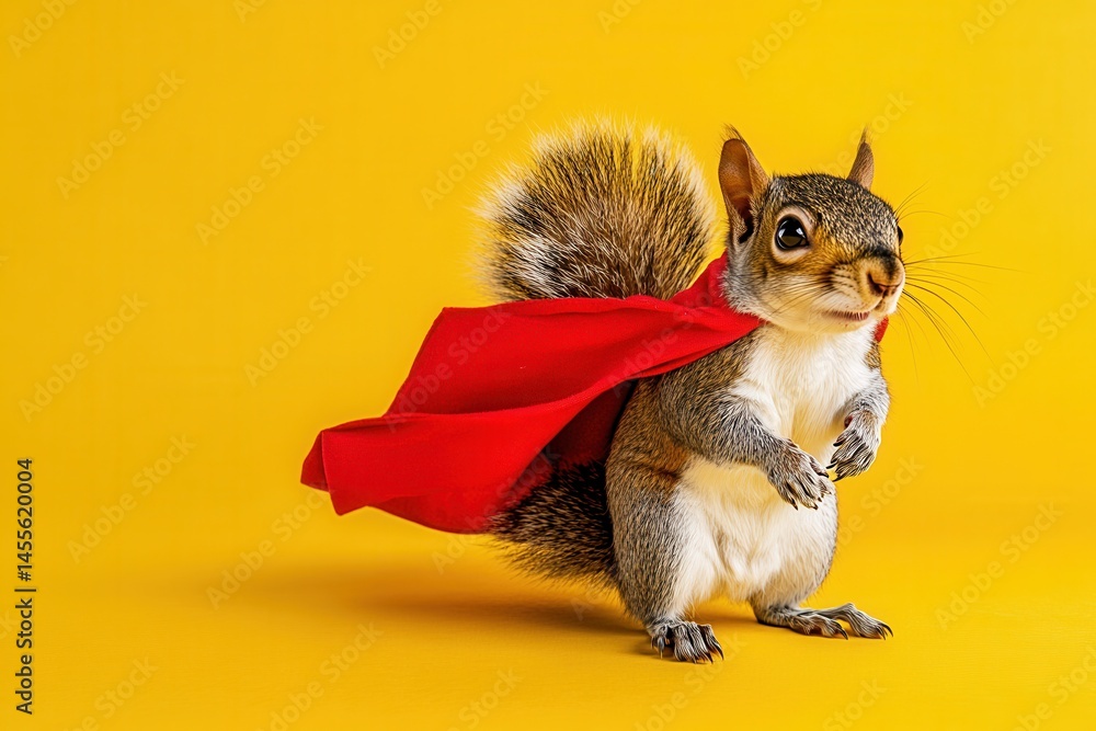 Poster squirrel hero with red cape on yellow background ready to save the day in a funny way