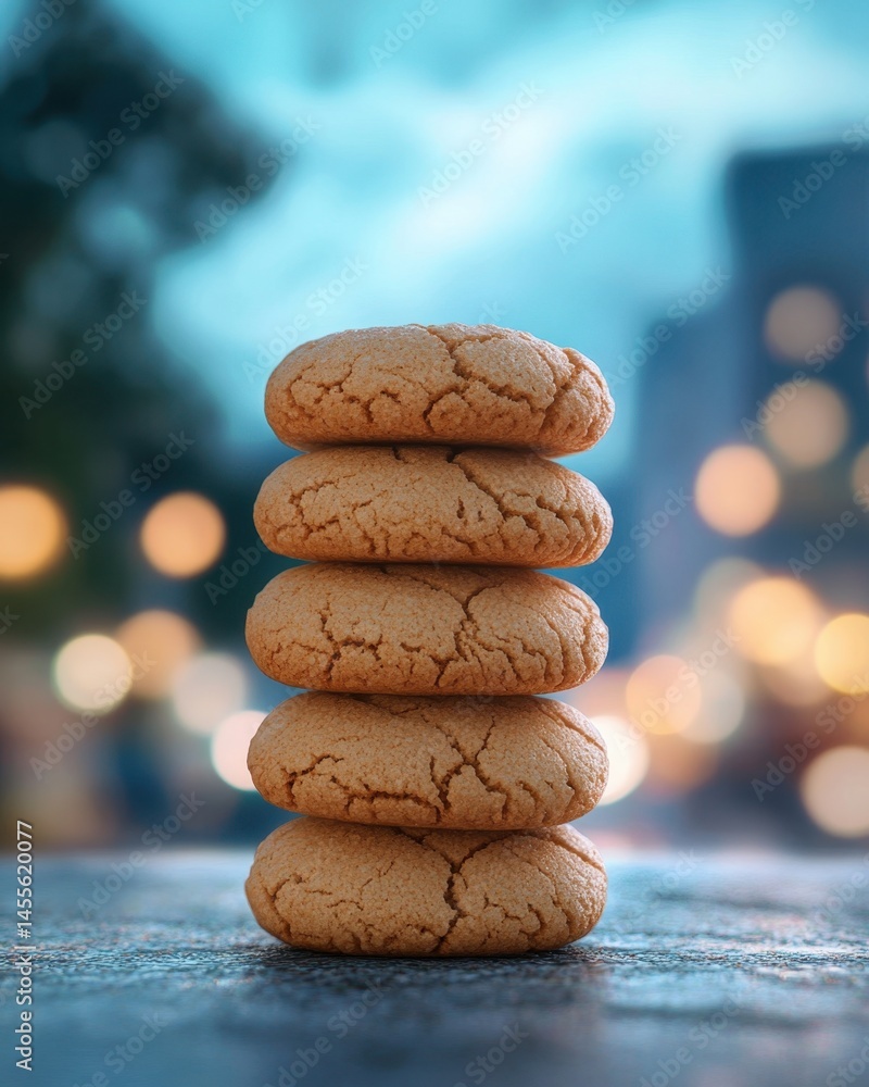 Poster stack of delicious amaretti cookies on a table with a soft bokeh background at nighttime