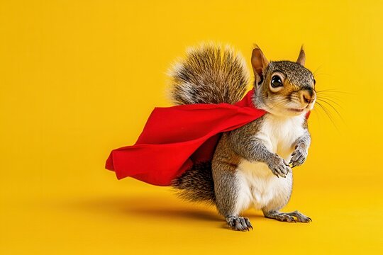 Squirrel hero with red cape on yellow background ready to save the day in a funny way - Powered by Adobe