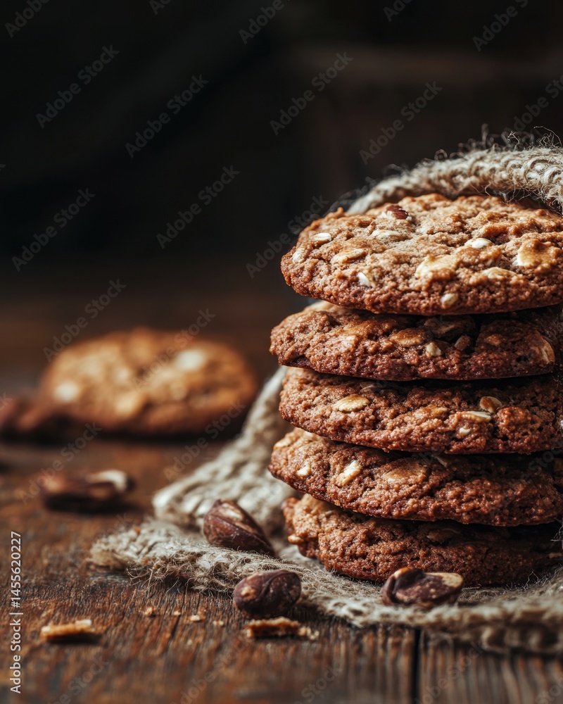 Poster rustic stack of oatmeal cookies on burlap with hazelnuts against a dark background
