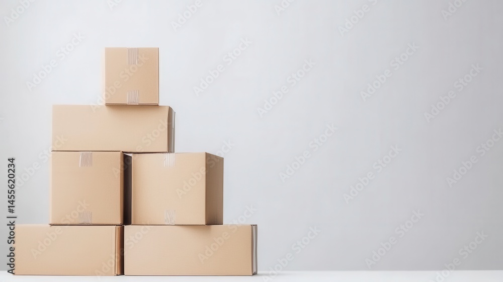 Poster stack of cardboard boxes on white surface for moving or shipping with copy space for text