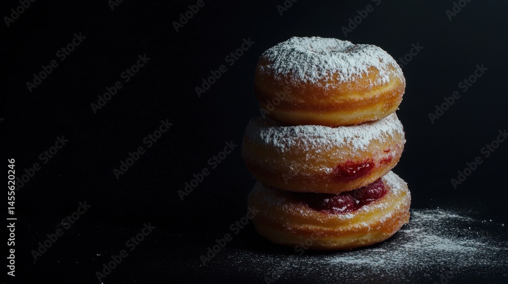 Poster stack of delicious donuts with powdered sugar and raspberry filling on dark background