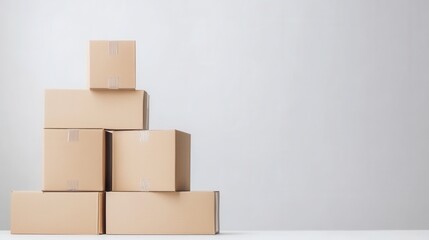 Stack of Cardboard Boxes on White Surface for Moving or Shipping with Copy Space for Text