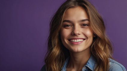 Naklejka premium Smiling young woman with beauty, posed in front of a purple background.