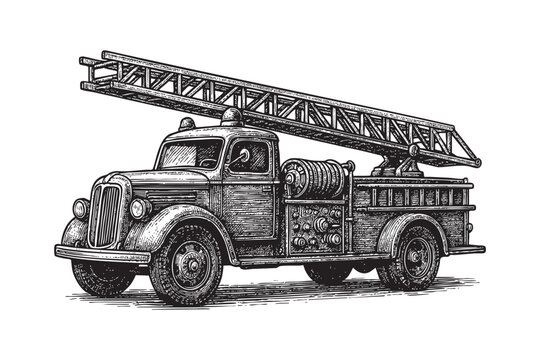Fototapeta Fire Truck with Ladder, engraving woodcut illustration