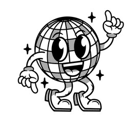 Retro Cartoon Disco Ball Globe Character – Happy Dancing Earth with Boots in Black and White Vintage Style