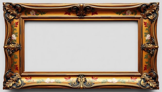Ornate Gold Frame, Blank White Center, Elegant Gold Border, Luxurious Rectangular Frame, Decorative Gold Scrollwork, Classic Frame Design, White Space Mockup, Formal Gold Frame

