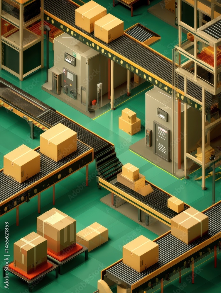 Leinwandbilder Isometric View of a Busy Warehouse With Conveyor Belts Transporting Packages Efficiently Throughout the Space Generative AI