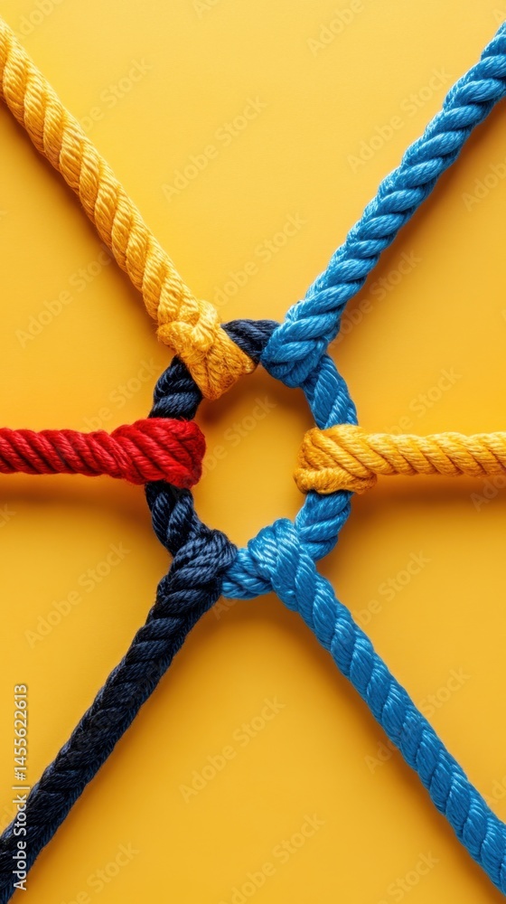 Poster colorful ropes intertwined on a yellow background symbolizing unity and collaboration in business