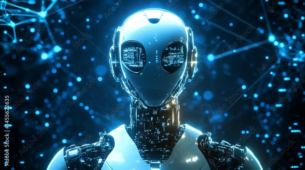 Poster futuristic humanoid robot with glowing features stands against a network of digital connections in a