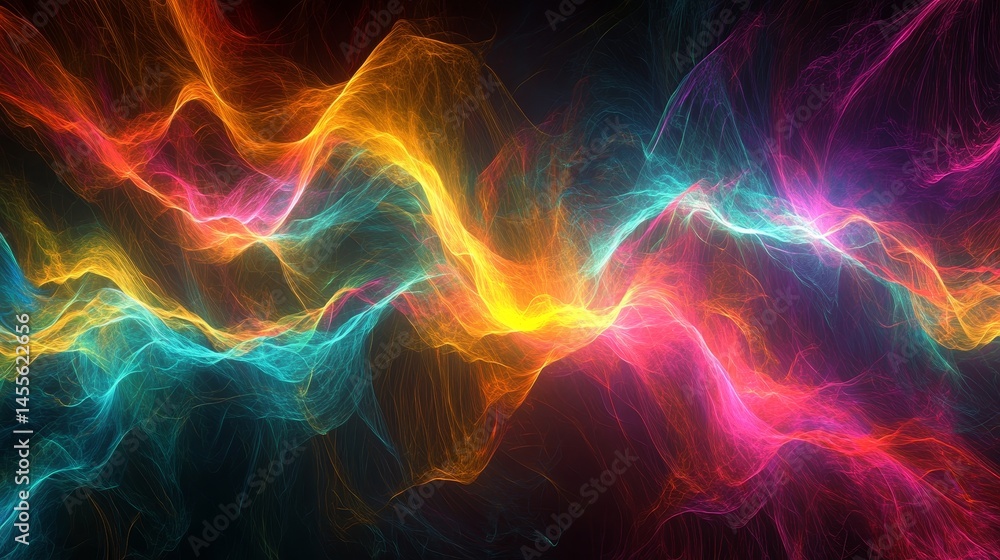 Aufkleber Vibrant Abstract Waves of Color Create a Dynamic Visual Display Resembling Energy Flows in a Dark Background During a Creative Digital Art Session