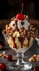 Delicious Banana Split Dessert in Glass Topped with Cherry & Hot Fudge CloseUp