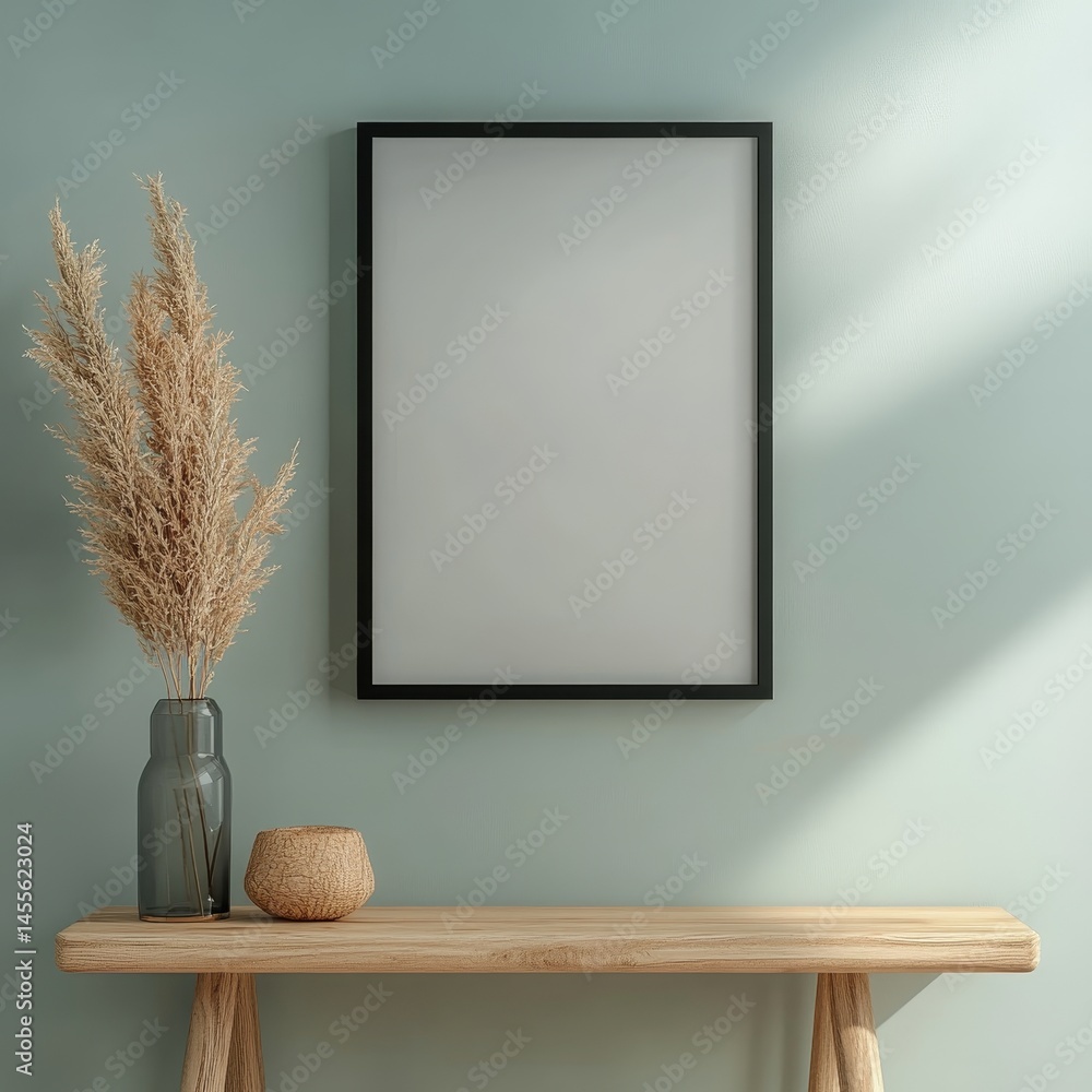 Poster decorative wall with empty frame and decorative elements in a modern interior setting during daytime