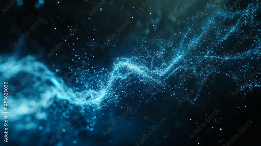 Poster dynamic blue and black abstract background illustrating glowing particles and waves in motion