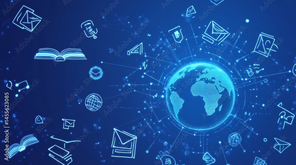 Poster digital transformation represented by a glowing globe and various icons symbolizing knowledge, commu
