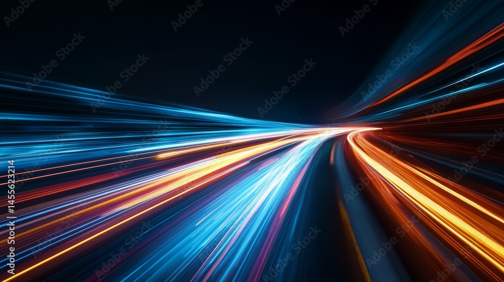 Poster streaks of blue and orange lights create a dynamic display on a dark road, illustrating speed and mo