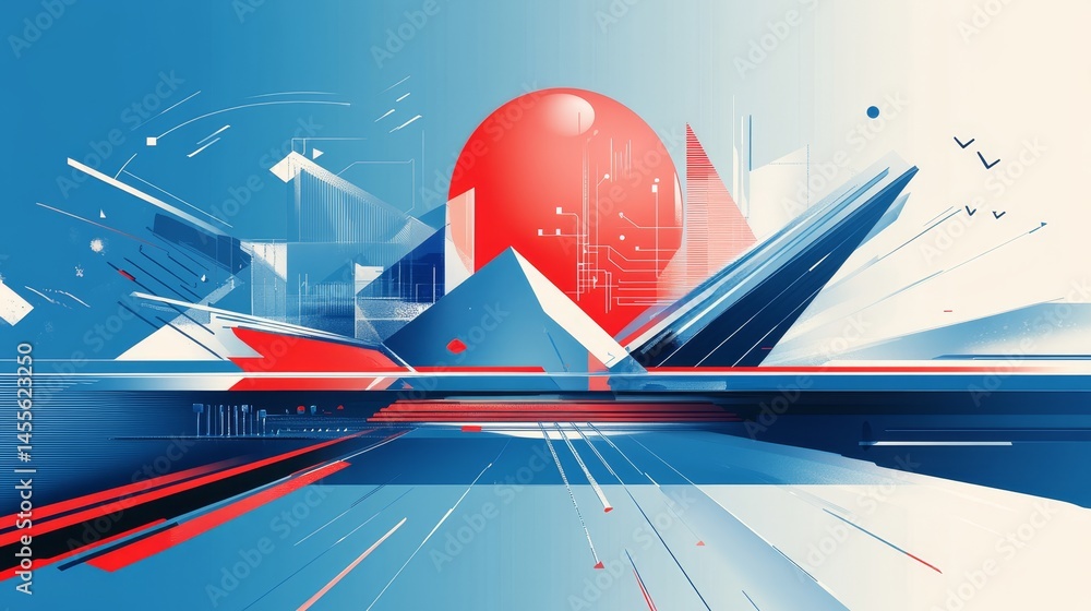 Poster dynamic abstract composition showcasing red and blue geometric shapes with a prominent sun-like elem