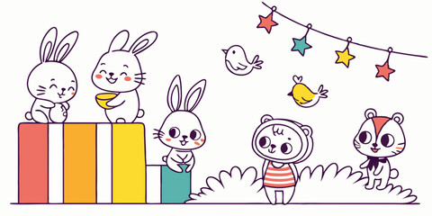 Fototapeta premium A cute pink cartoon bunny, the happy Easter hare, joyfully holds colorful eggs in a fun spring vector illustration