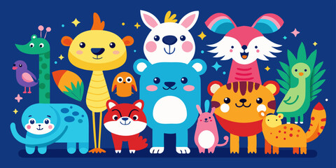 Naklejka premium A vector illustration set features a collection of fun and cute cartoon animals and monsters, showcasing a variety of funny character designs