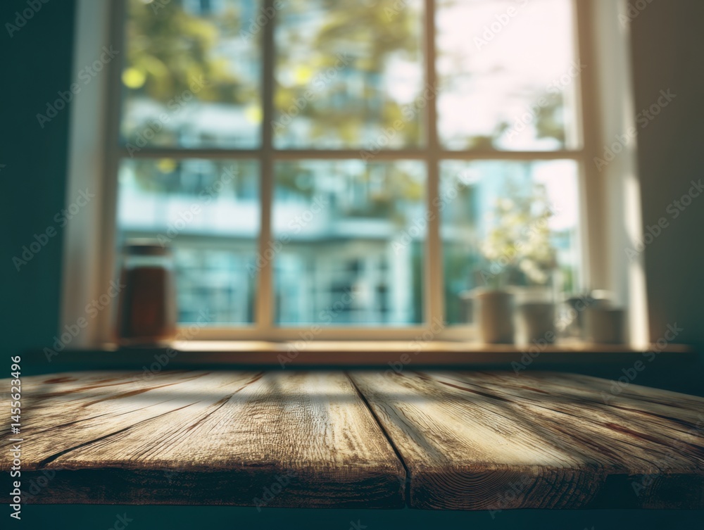 Poster rustic wooden tabletop with blurred window view and natural light for product display or mockup