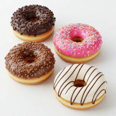 Four assorted donuts close up view on white background