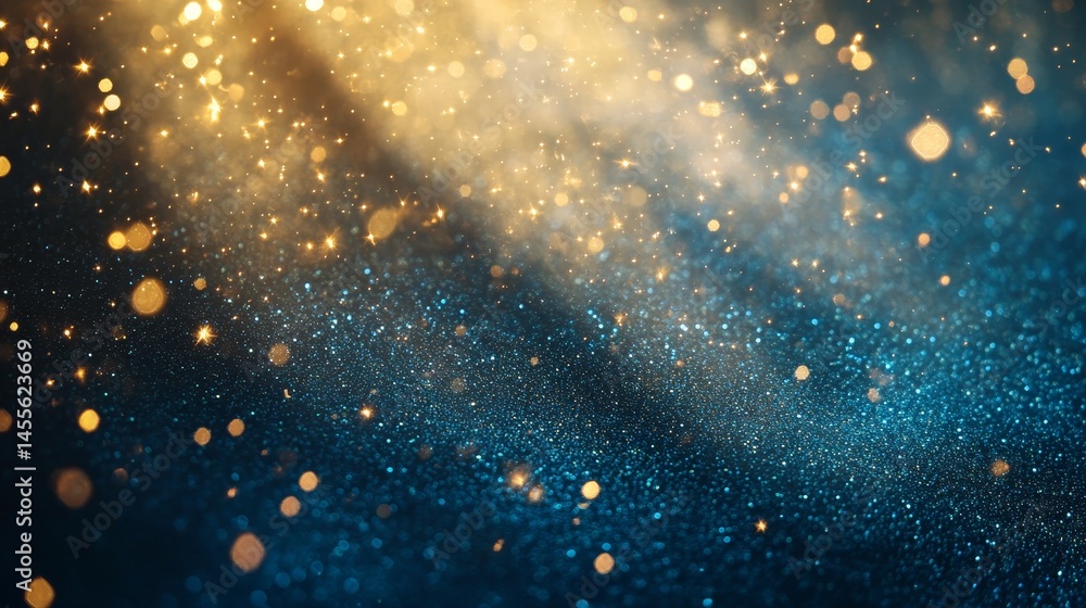Poster sparkling golden and blue particles create an enchanting atmosphere with shimmering lights and soft 