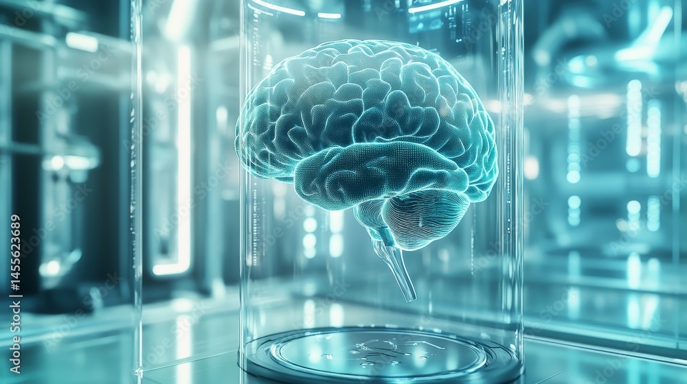 Poster innovative display of a glowing human brain in a futuristic laboratory during a scientific explorati