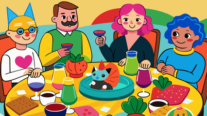 Fototapeta premium ベクトル図は、おそらくカフェのテーブルで食べ物を持った子供たち、男の子と女の子を持つ幸せな家族を描いています